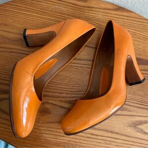John Fluevog Orange Patent Leather Pumps